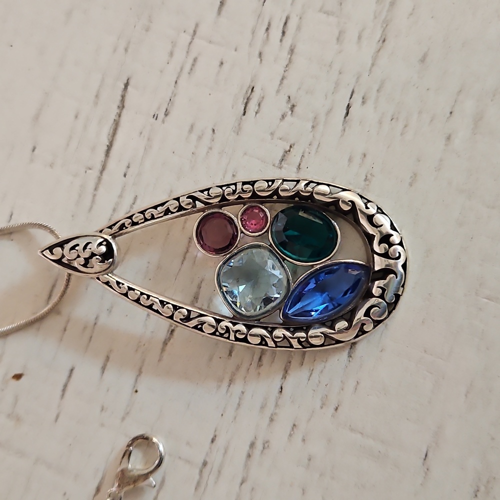 Brighton Elegant Silver Teardrop Pendant with Multicolor Gemstones